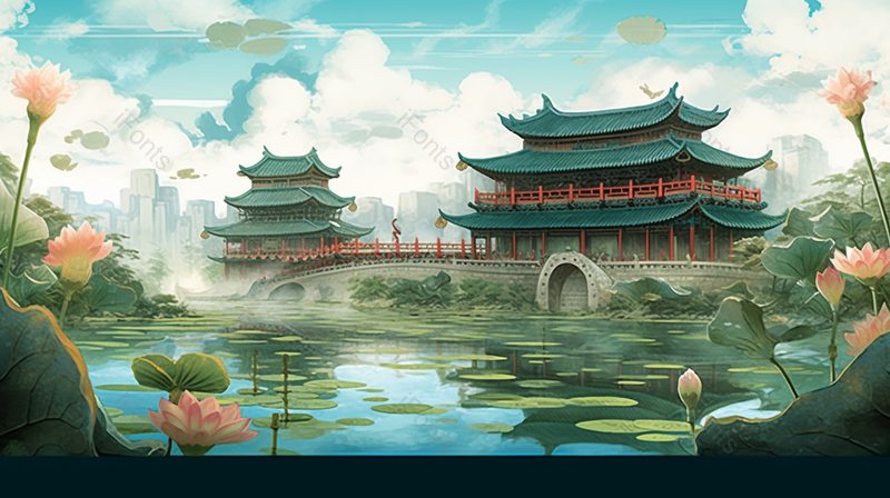 云雾弥漫中国古代亭台楼阁绿色自然风景斗拱古建筑湖泊插画,插画/手绘图,插画/手绘图库,插画/手绘图下载,插画/手绘